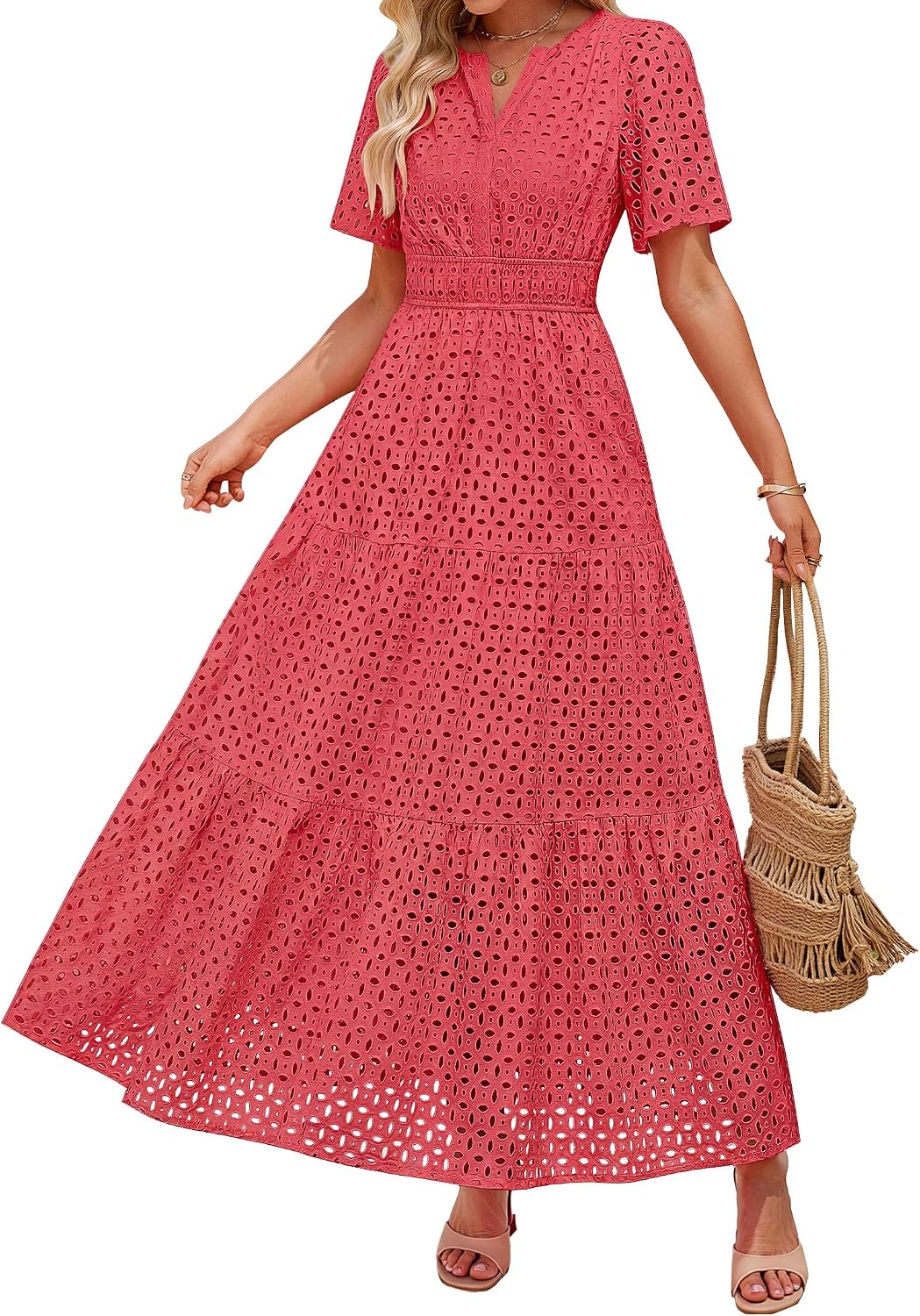 ZESICA Women's Summer Casual V Neck Eyelet A Line Maxi Dresses | Short Sleeve, High Waist, Beach Vacation Long Dress, Wedding Guest, Cocktail Party Outfits, 2026 Fashion Trendy Clothes