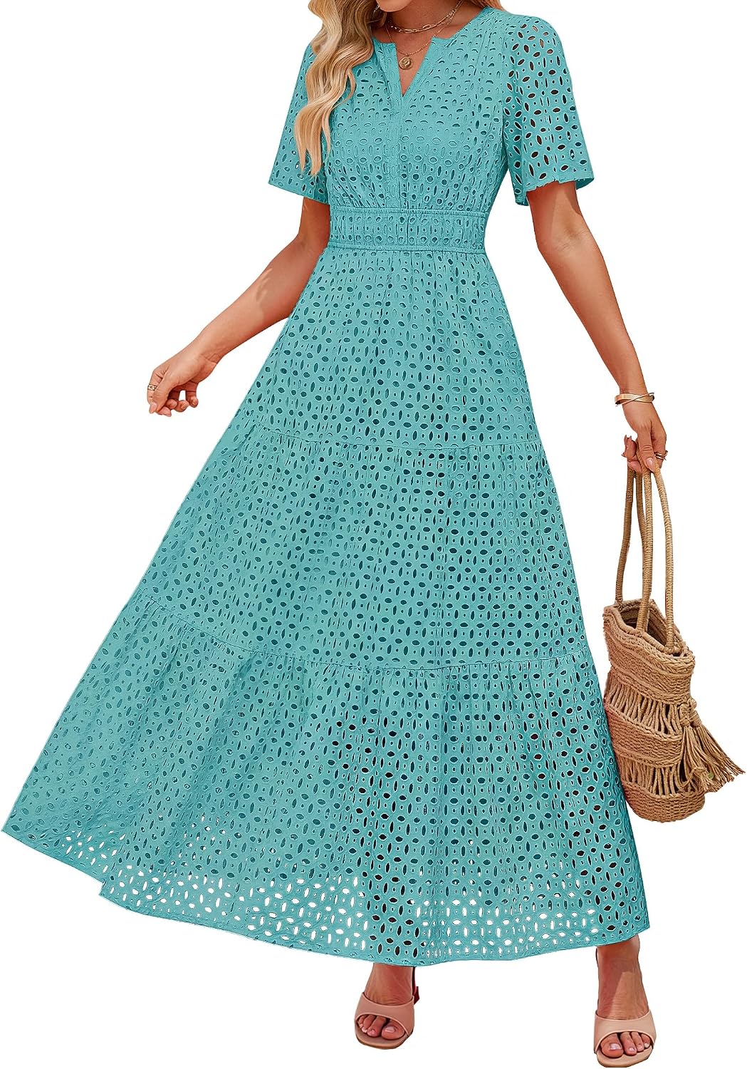 ZESICA Women's Summer Casual V Neck Eyelet A Line Maxi Dresses | Short Sleeve, High Waist, Beach Vacation Long Dress, Wedding Guest, Cocktail Party Outfits, 2026 Fashion Trendy Clothes