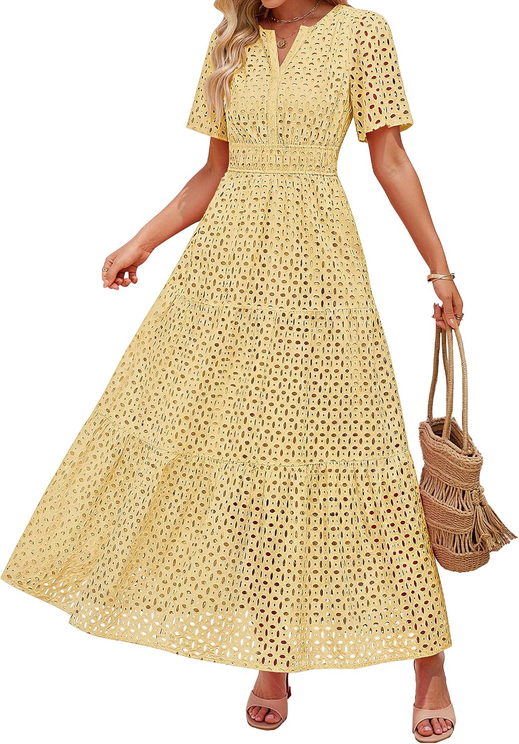 ZESICA Women's Summer Casual V Neck Eyelet A Line Maxi Dresses | Short Sleeve, High Waist, Beach Vacation Long Dress, Wedding Guest, Cocktail Party Outfits, 2026 Fashion Trendy Clothes