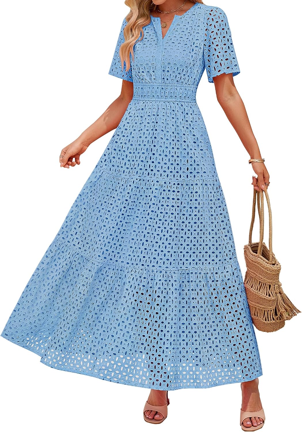 ZESICA Women's Summer Casual V Neck Eyelet A Line Maxi Dresses | Short Sleeve, High Waist, Beach Vacation Long Dress, Wedding Guest, Cocktail Party Outfits, 2026 Fashion Trendy Clothes