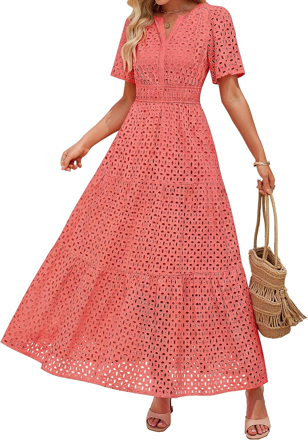ZESICA Women's Summer Casual V Neck Eyelet A Line Maxi Dresses | Short Sleeve, High Waist, Beach Vacation Long Dress, Wedding Guest, Cocktail Party Outfits, 2026 Fashion Trendy Clothes