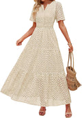 ZESICA Women's Summer Casual V Neck Eyelet A Line Maxi Dresses | Short Sleeve, High Waist, Beach Vacation Long Dress, Wedding Guest, Cocktail Party Outfits, 2026 Fashion Trendy Clothes