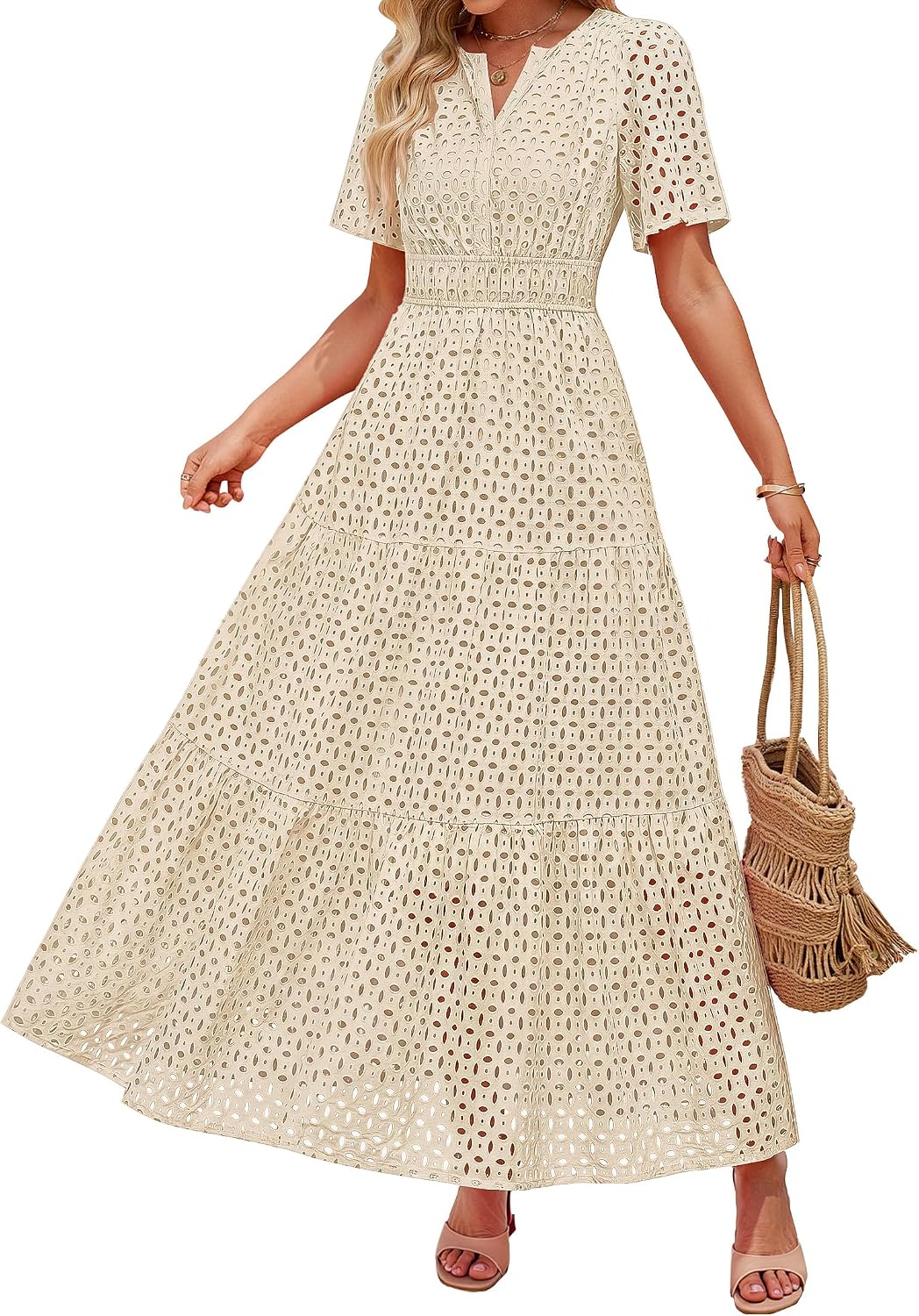 ZESICA Women's Summer Casual V Neck Eyelet A Line Maxi Dresses | Short Sleeve, High Waist, Beach Vacation Long Dress, Wedding Guest, Cocktail Party Outfits, 2026 Fashion Trendy Clothes